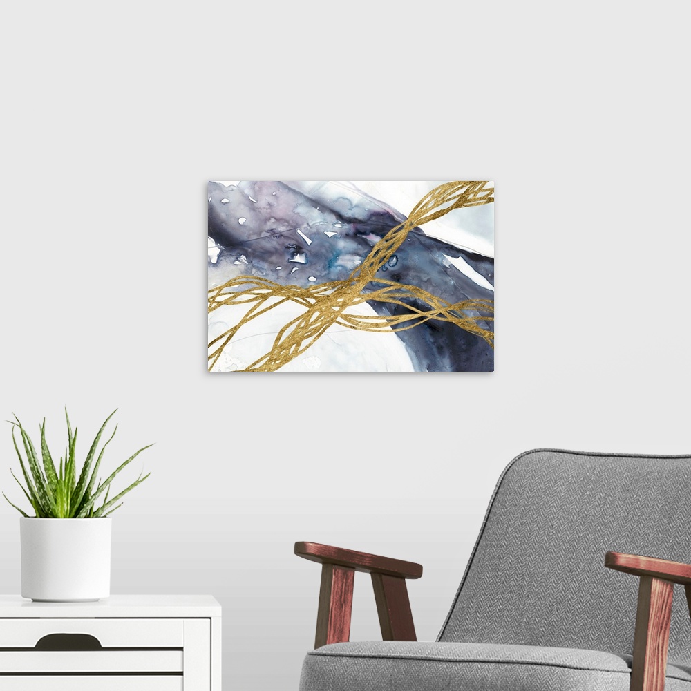 A modern room featuring Contemporary abstract painting with blue and gold forms crossing the composition diagonally.