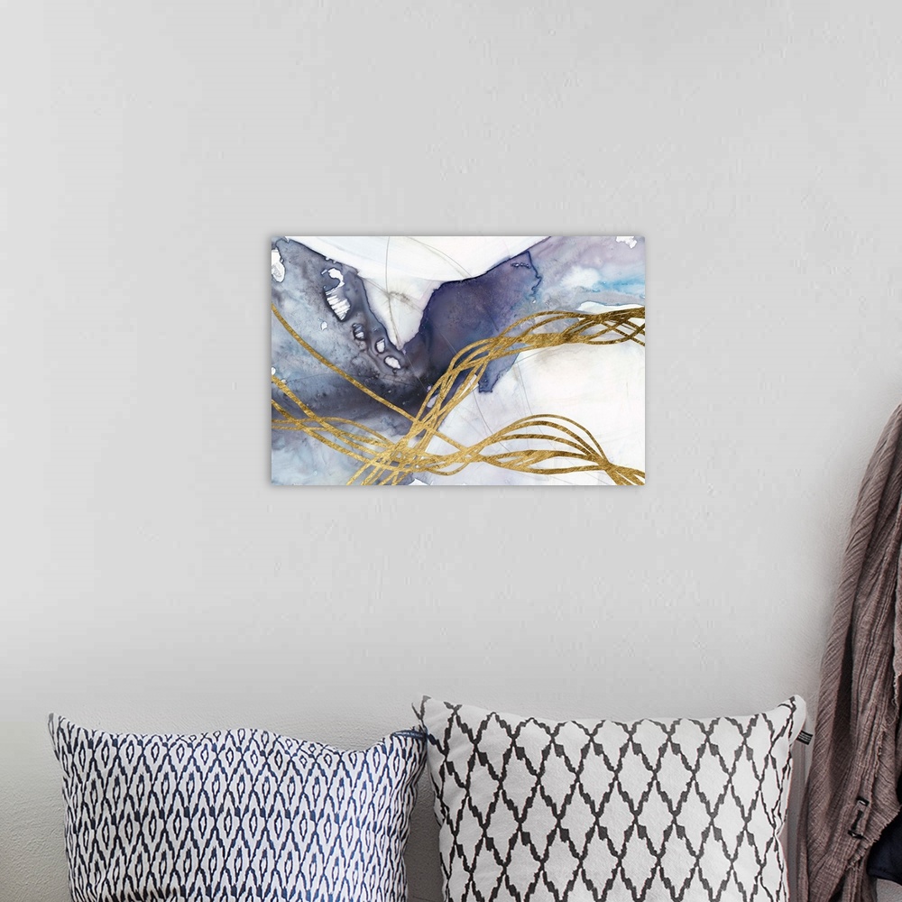 A bohemian room featuring Contemporary abstract painting with blue and gold forms crossing the composition diagonally.