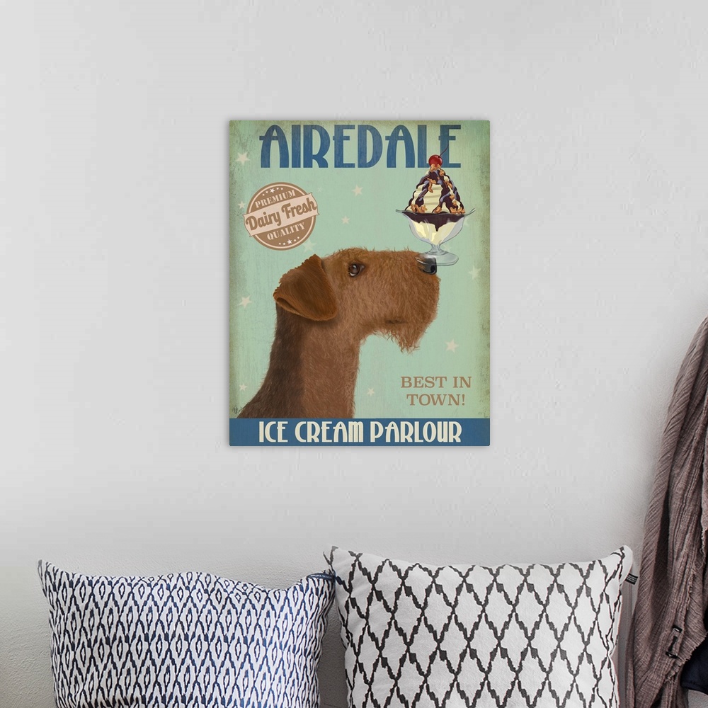 A bohemian room featuring Decorative artwork of an Airedale balancing an ice cream sundae on its nose in an advertisement f...