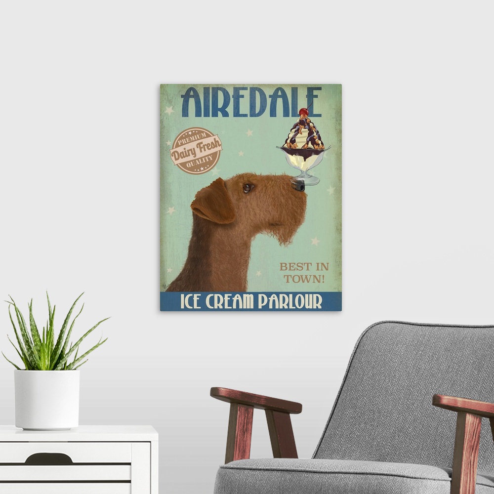 A modern room featuring Decorative artwork of an Airedale balancing an ice cream sundae on its nose in an advertisement f...