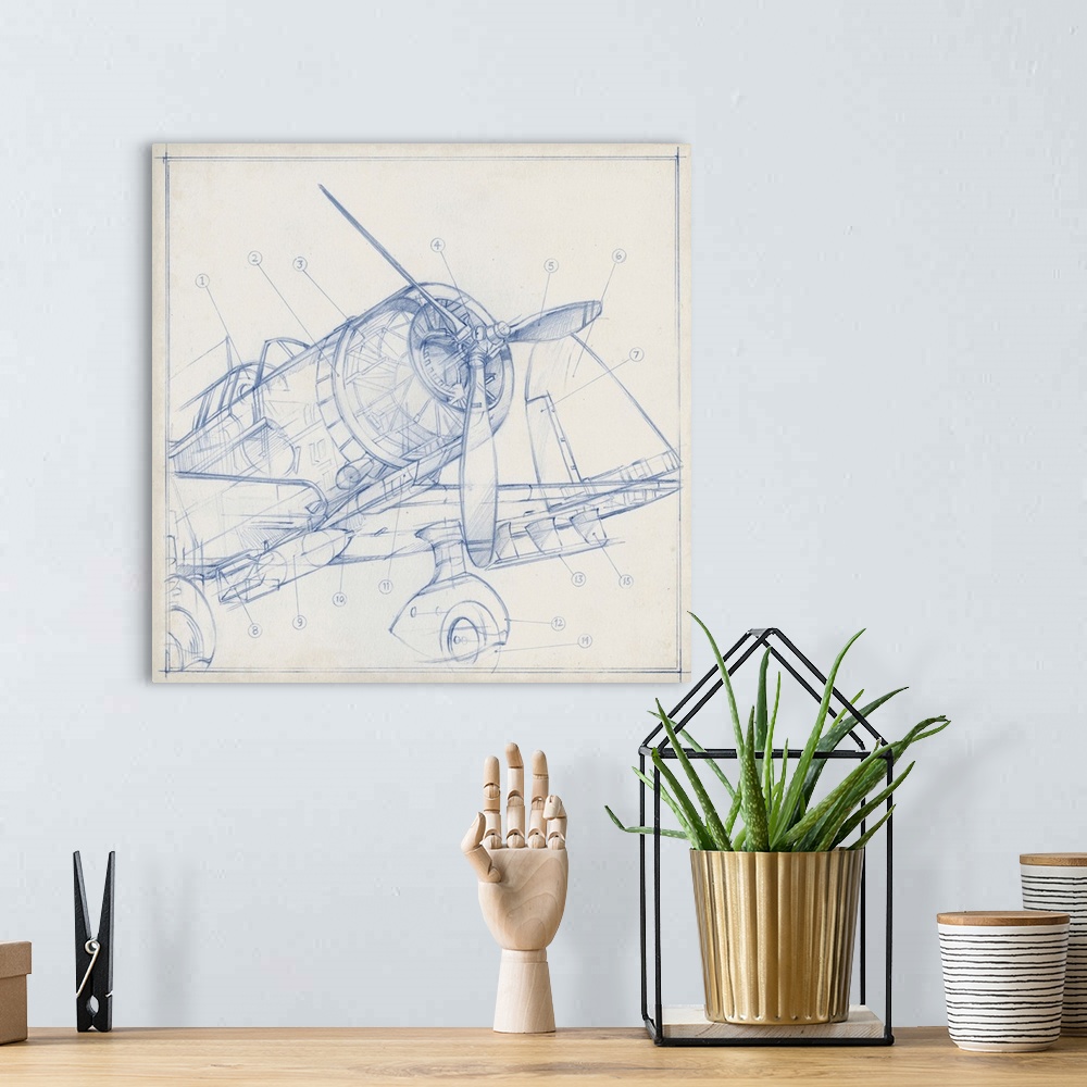 A bohemian room featuring Airplane Mechanical Sketch I