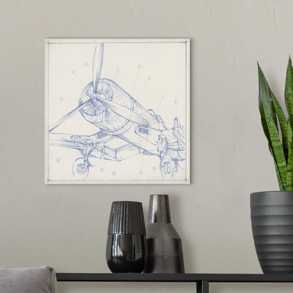 A modern room featuring Airplane Mechanical Sketch II