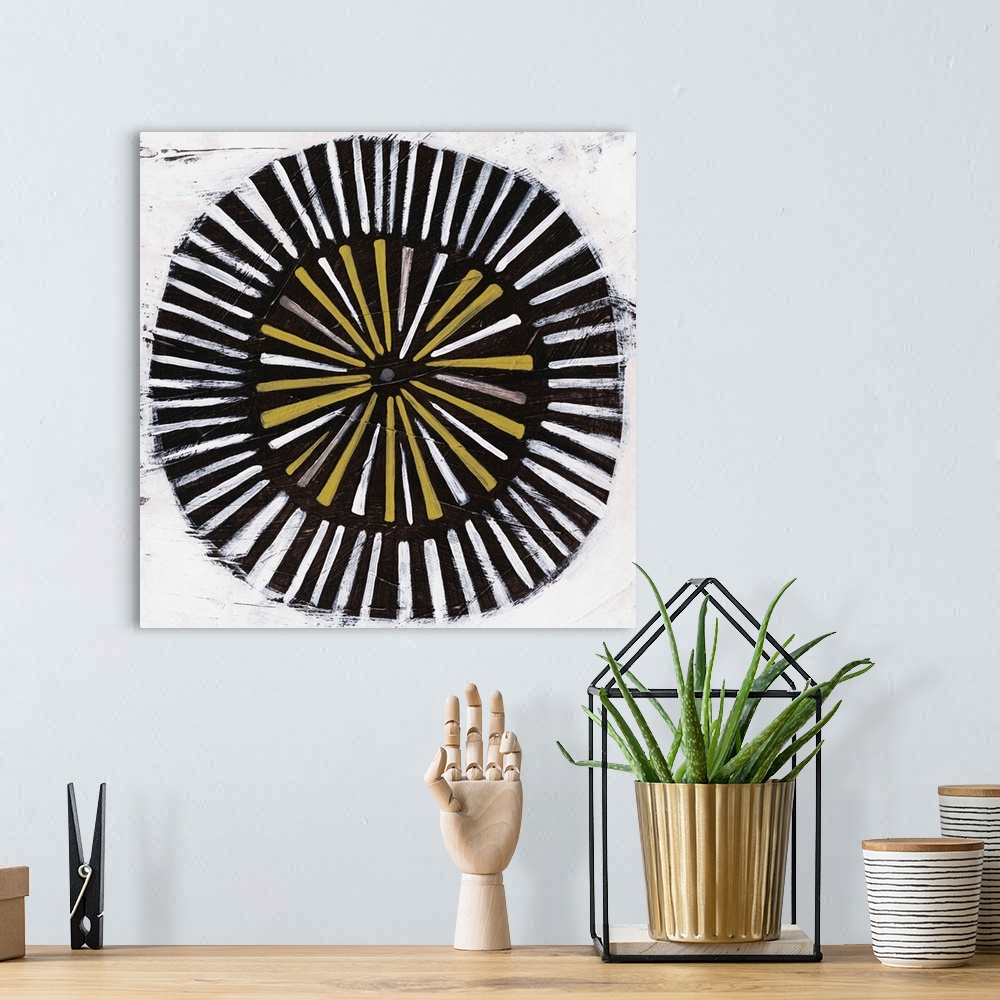 A bohemian room featuring Contemporary mid-century inspired abstract artwork.