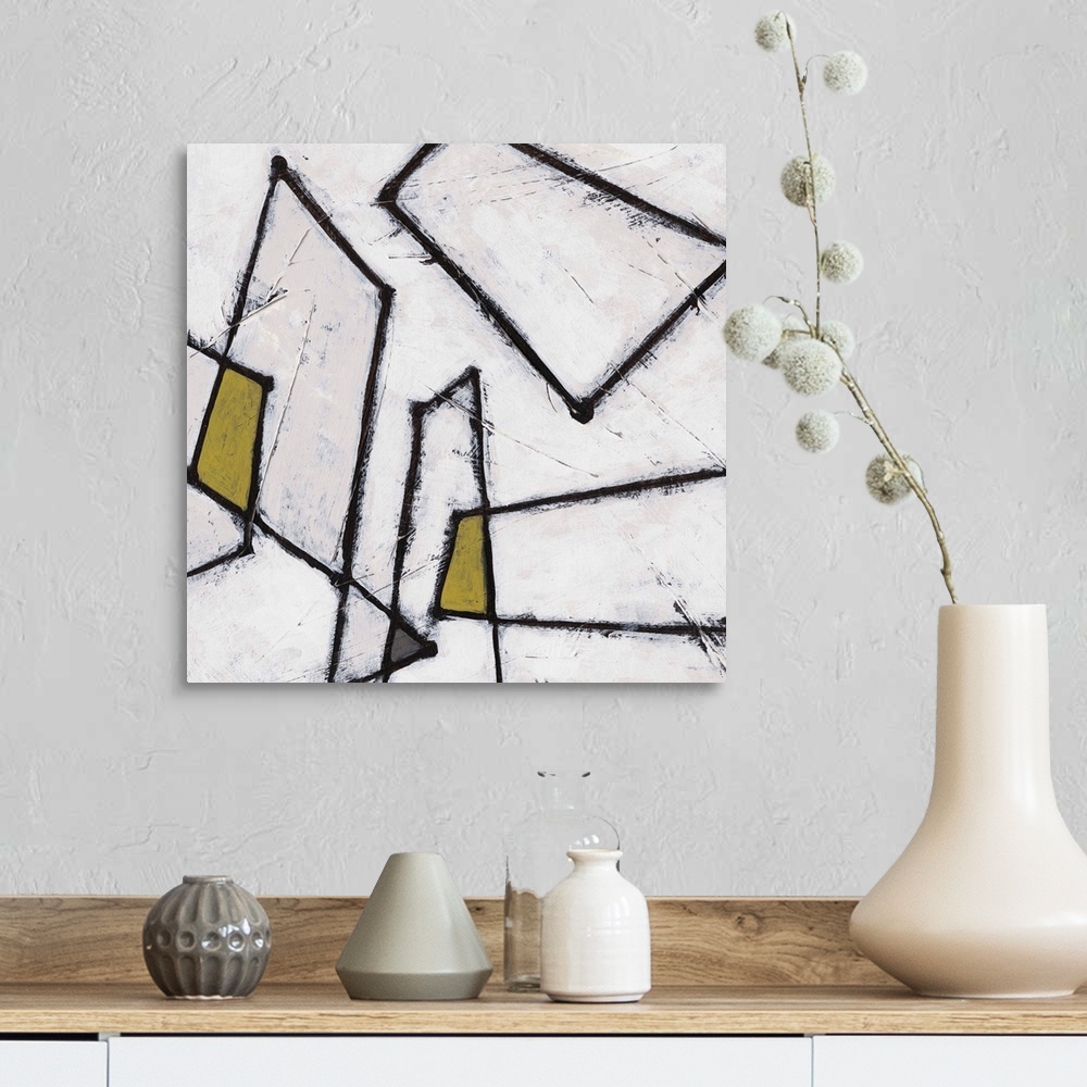 A farmhouse room featuring Contemporary mid-century inspired abstract artwork.