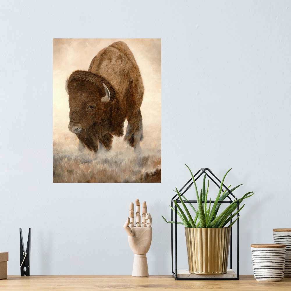 A bohemian room featuring Contemporary painting of a majestic American bison standing in a prairie.