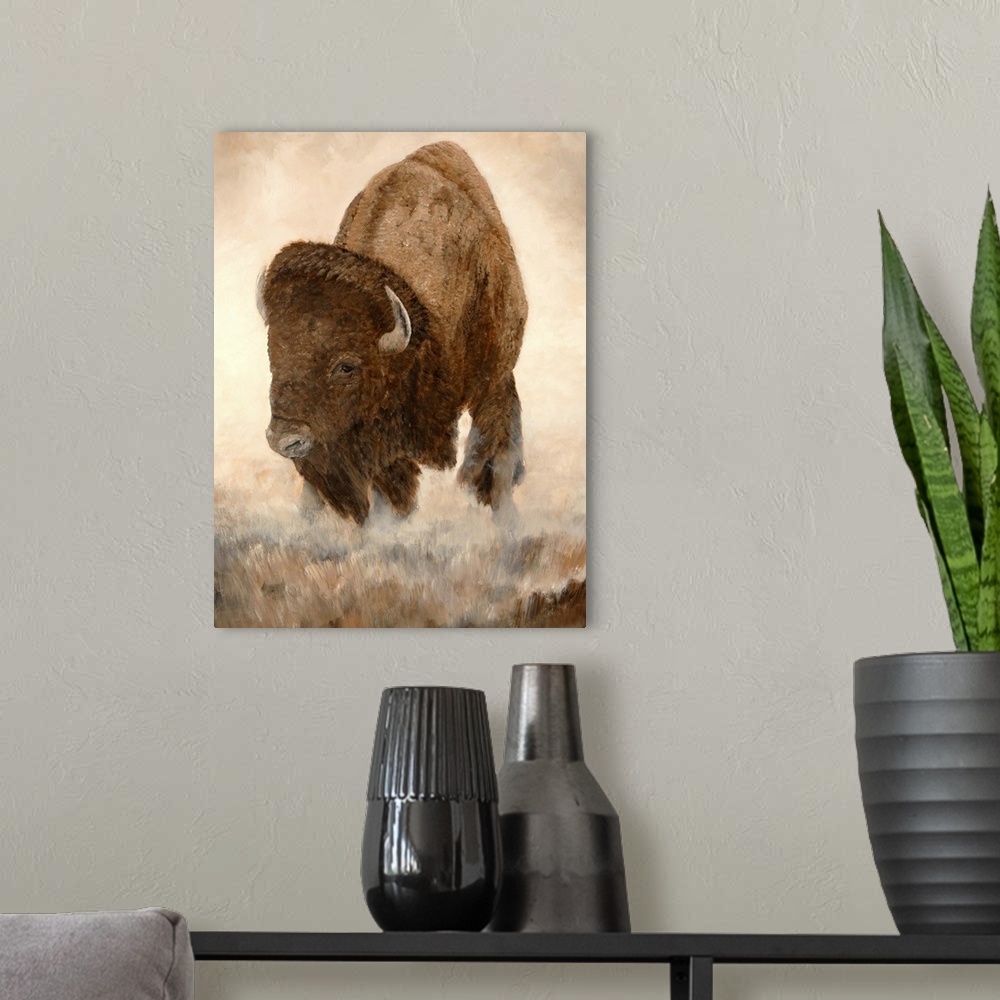 A modern room featuring Contemporary painting of a majestic American bison standing in a prairie.