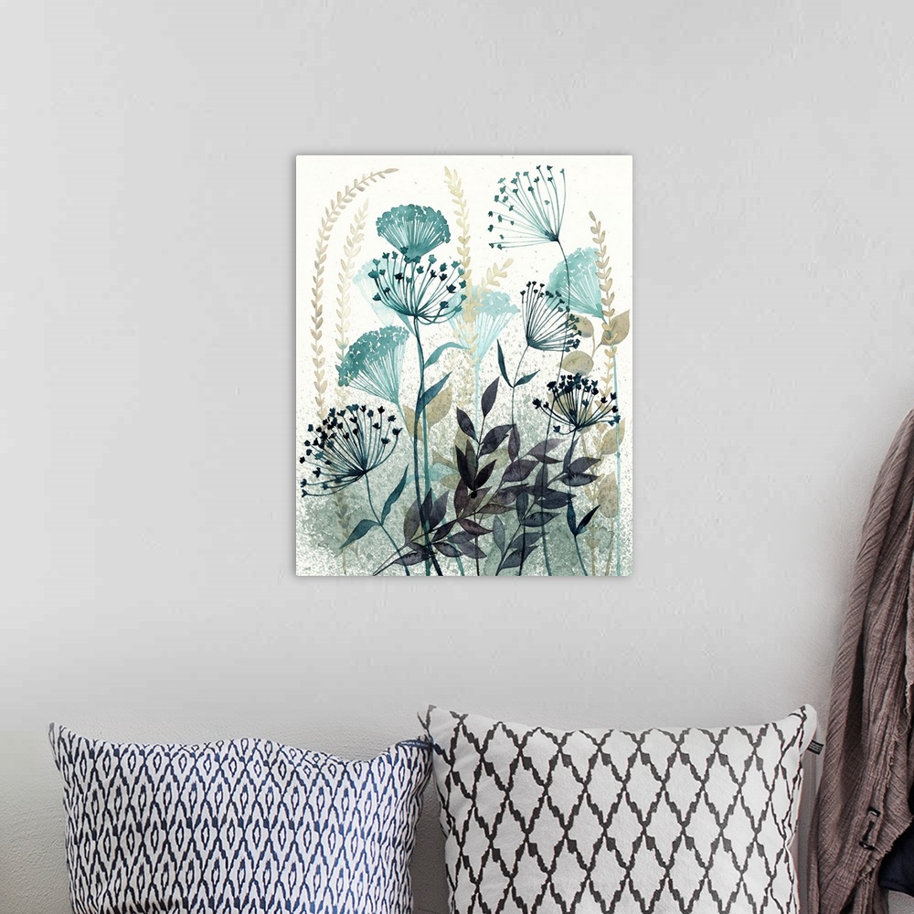 A bohemian room featuring Contemporary artwork of garden flowers in a monochromatic color scheme.