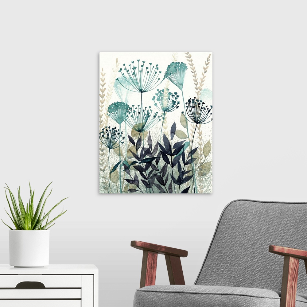 A modern room featuring Contemporary artwork of garden flowers in a monochromatic color scheme.