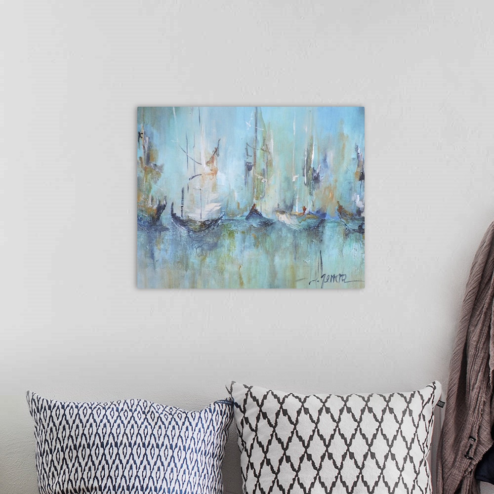 A bohemian room featuring Contemporary painting of a fleet of sailboats in turquoise water.