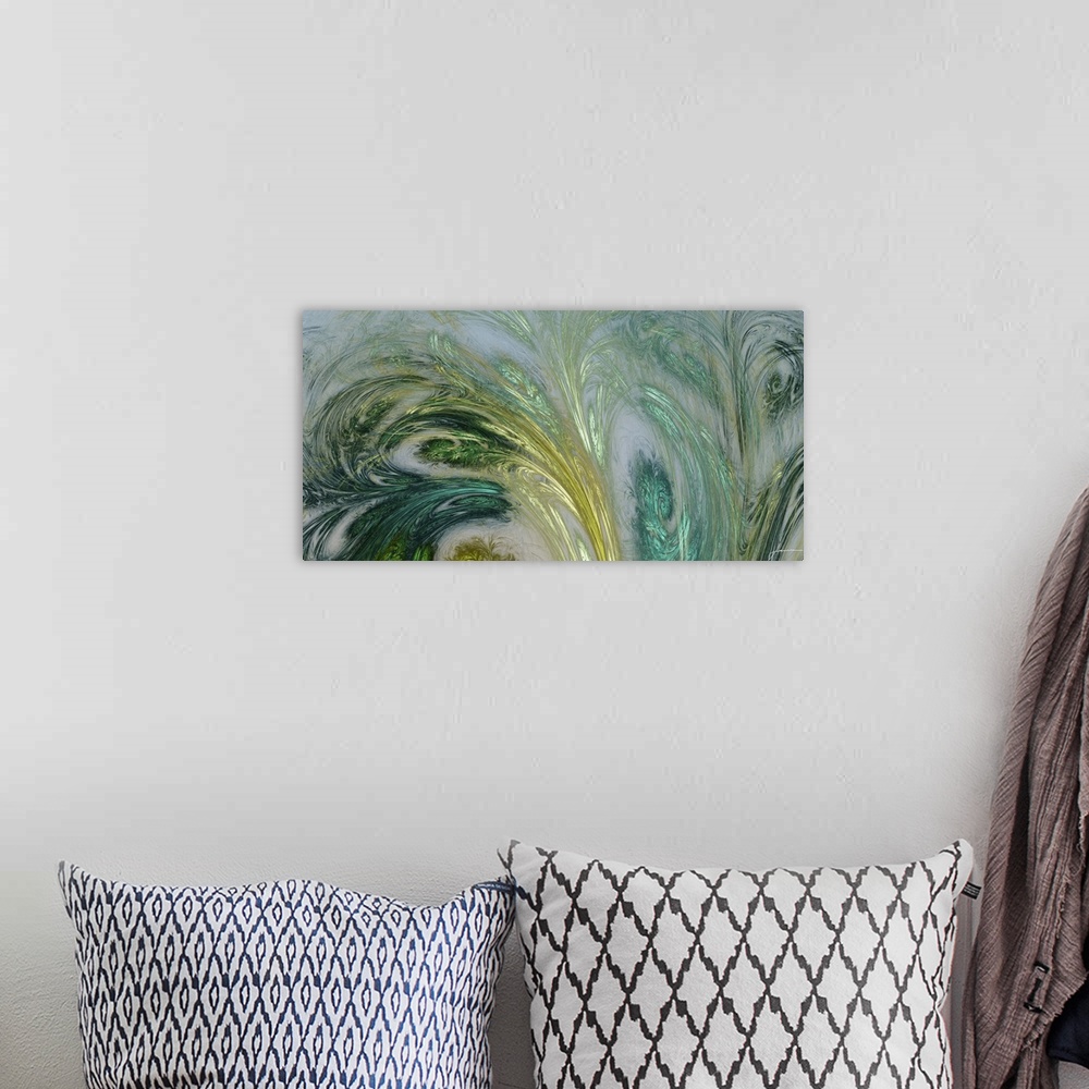 A bohemian room featuring Contemporary abstract painting of swirling shapes resembling leaves.
