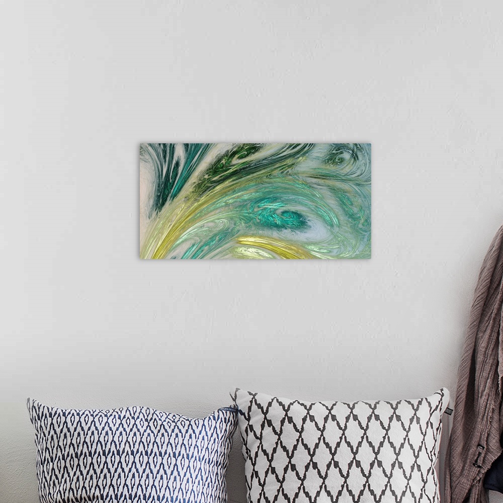 A bohemian room featuring Contemporary abstract painting of swirling shapes resembling leaves.