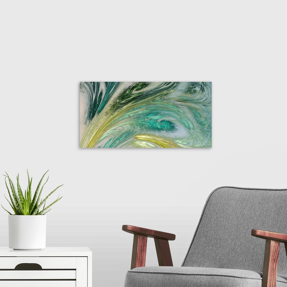 A modern room featuring Contemporary abstract painting of swirling shapes resembling leaves.