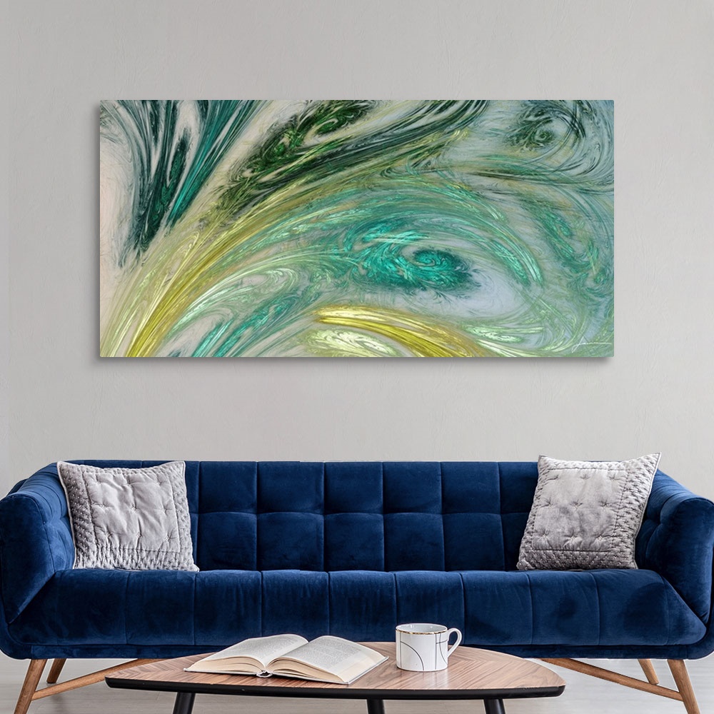 A modern room featuring Contemporary abstract painting of swirling shapes resembling leaves.