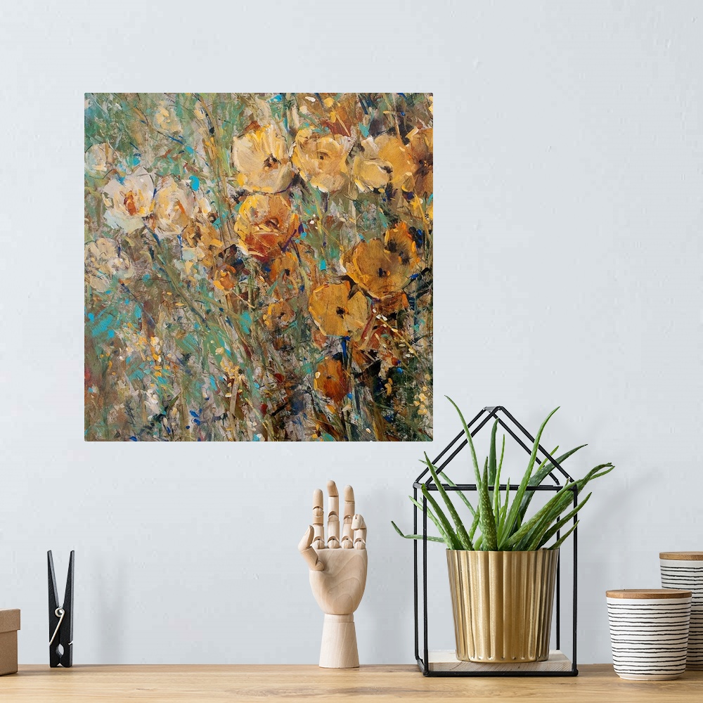 A bohemian room featuring Contemporary painting of abstract flowers with background consisting of colorful paint splats.