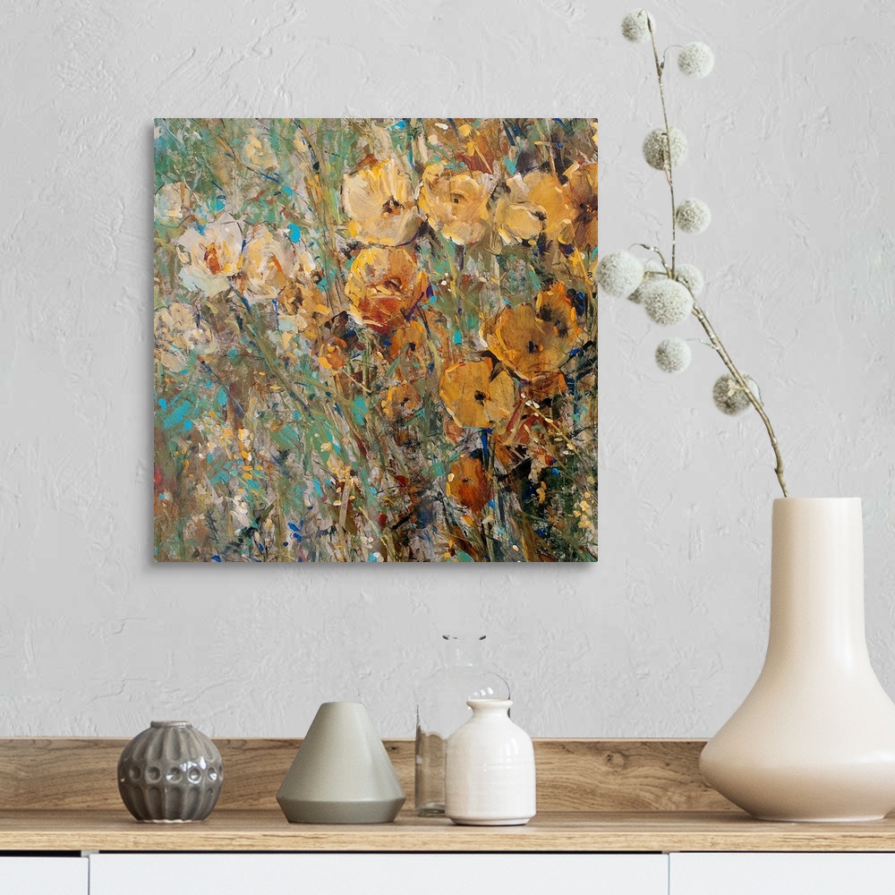 A farmhouse room featuring Contemporary painting of abstract flowers with background consisting of colorful paint splats.