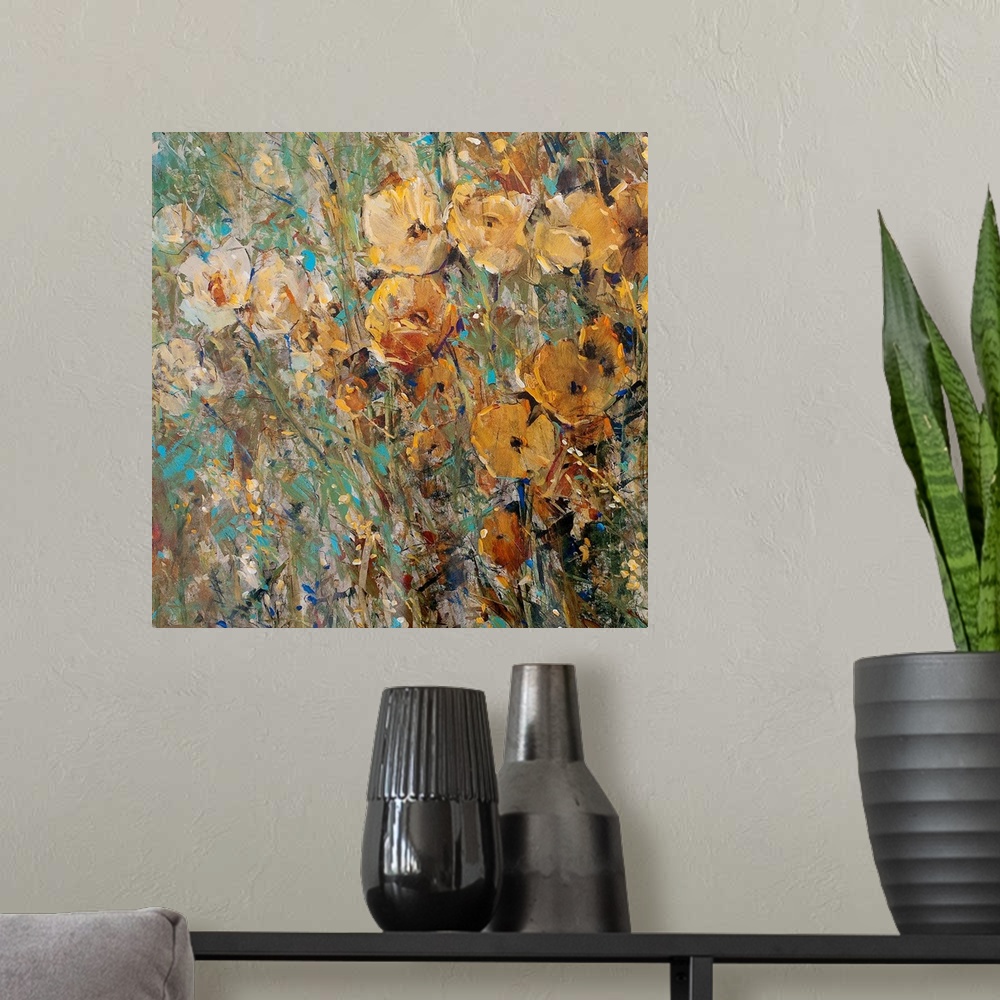 A modern room featuring Contemporary painting of abstract flowers with background consisting of colorful paint splats.