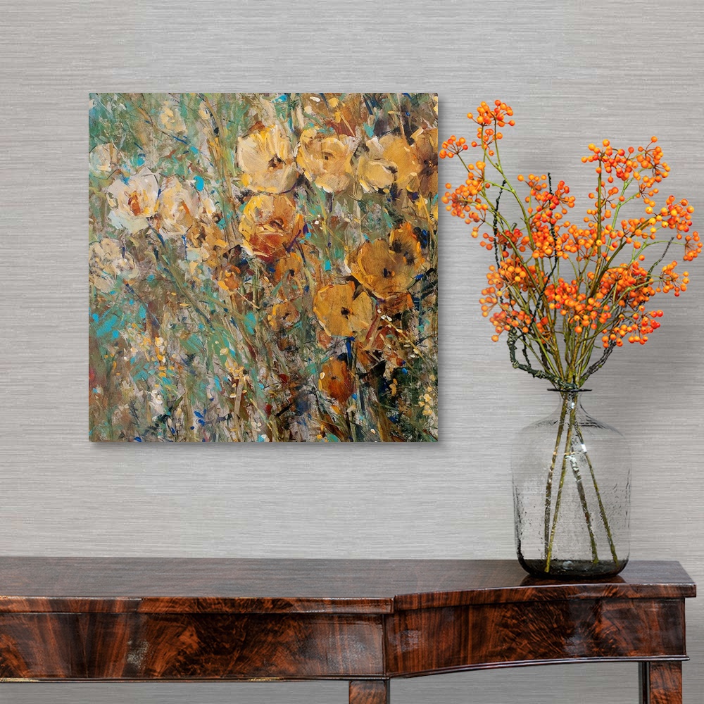 A traditional room featuring Contemporary painting of abstract flowers with background consisting of colorful paint splats.