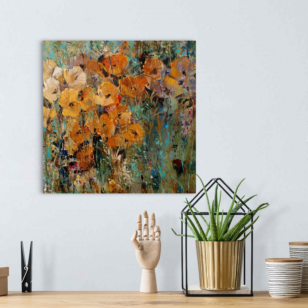 A bohemian room featuring Large floral art focuses on an arrangement of flowers sitting in the wild.  Artist uses a wide sp...