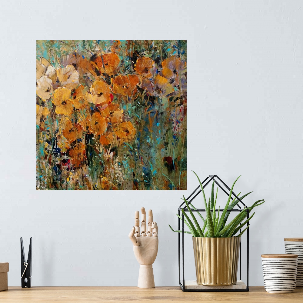A bohemian room featuring Large floral art focuses on an arrangement of flowers sitting in the wild.  Artist uses a wide sp...