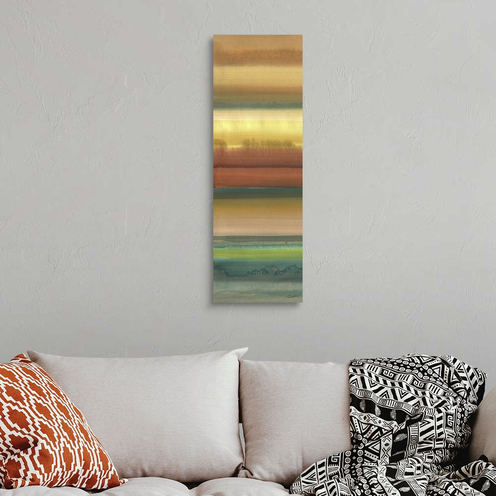 A bohemian room featuring Contemporary abstract painting using natural earthy colors.
