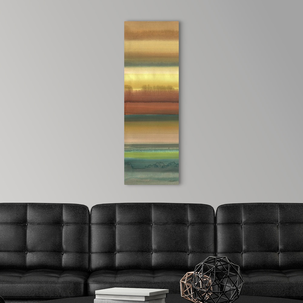 A modern room featuring Contemporary abstract painting using natural earthy colors.
