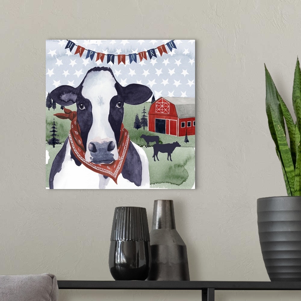 A modern room featuring Banner of "Happy Fourth" above a black and white cow with a red bandanna in front of a barn and f...