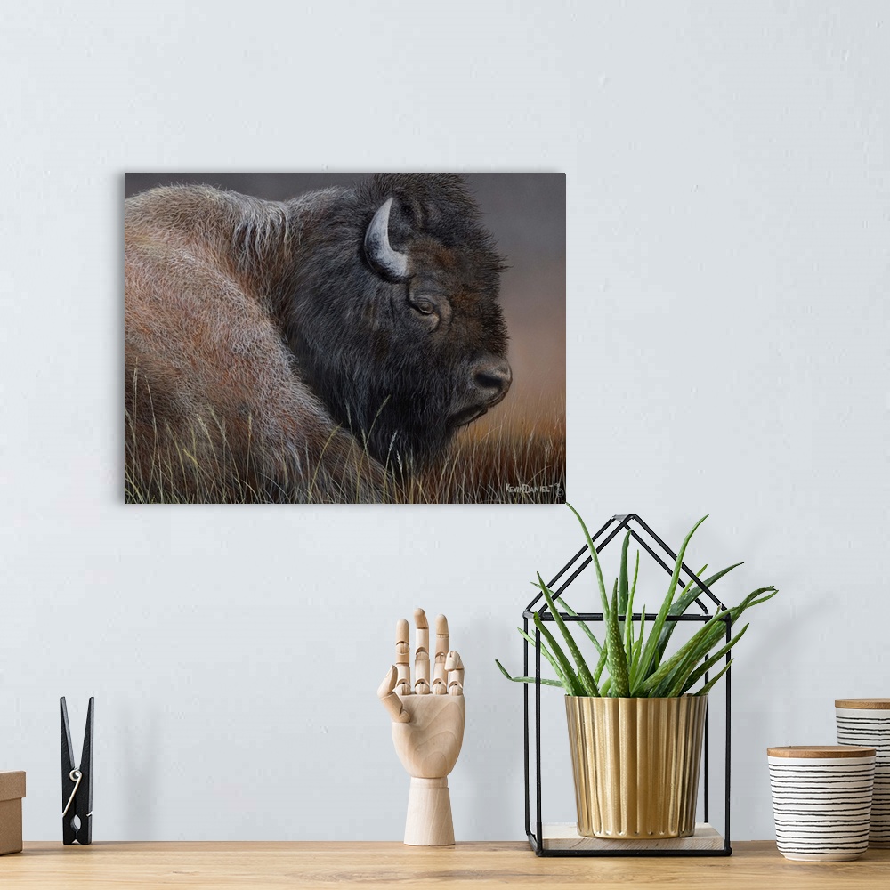 A bohemian room featuring Contemporary painting of an American Bison.