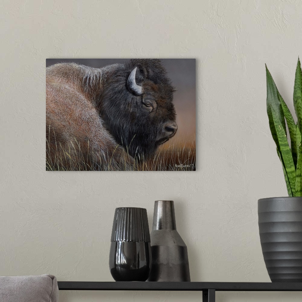 A modern room featuring Contemporary painting of an American Bison.