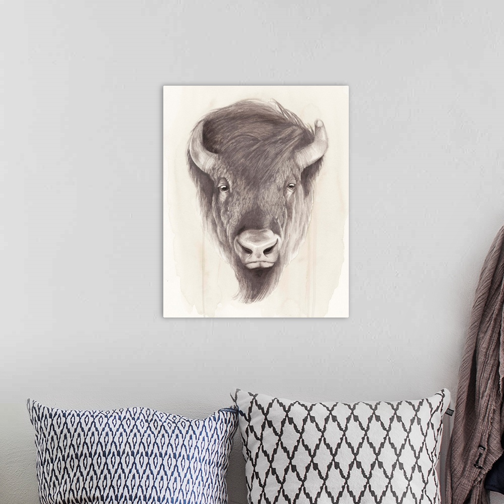 A bohemian room featuring Contemporary illustration of a bison head against a tan background.