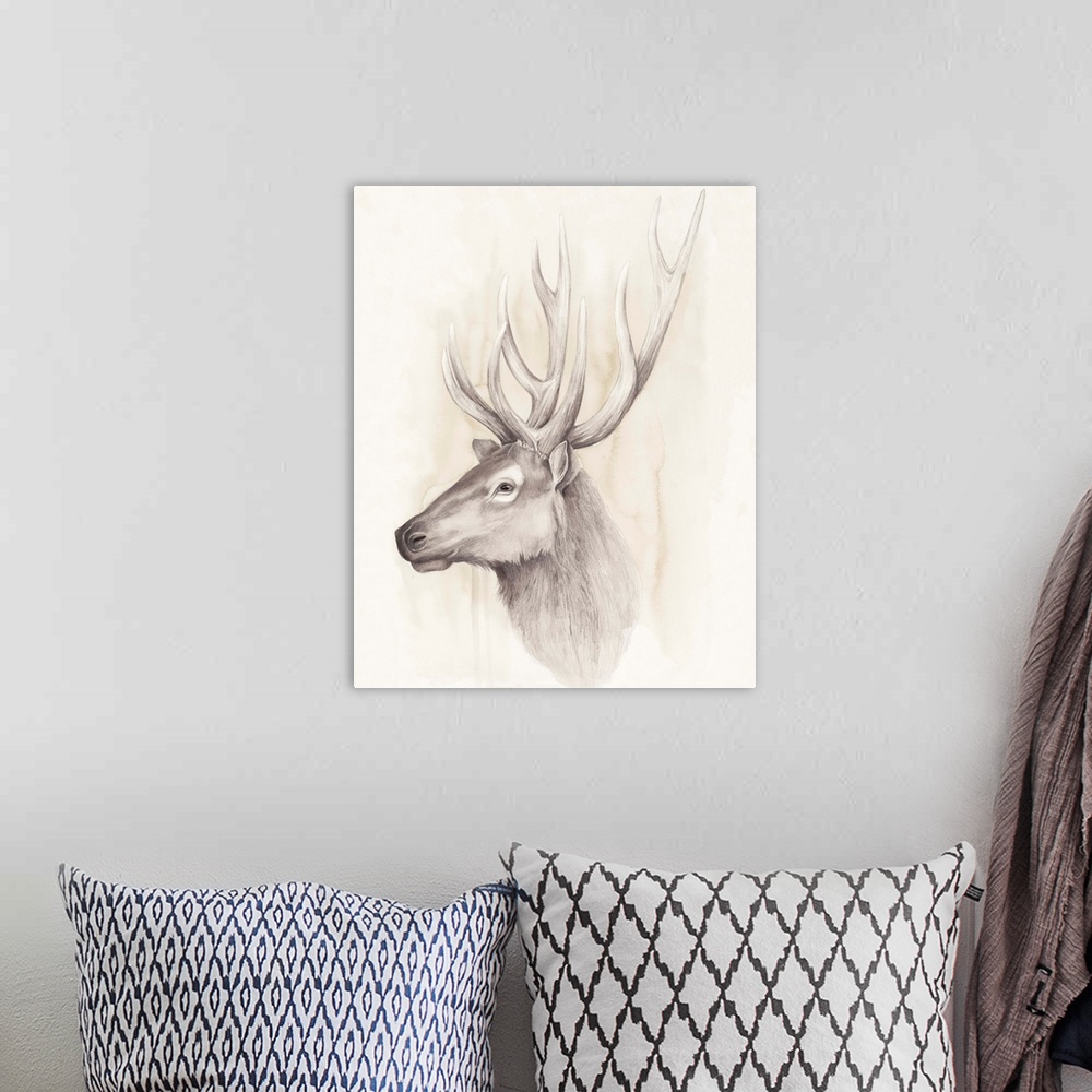 A bohemian room featuring Contemporary illustration of a deer head against a tan background.