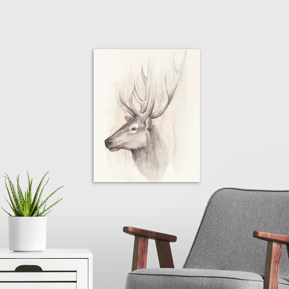 A modern room featuring Contemporary illustration of a deer head against a tan background.