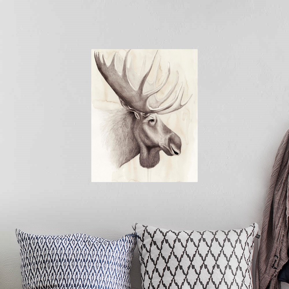 A bohemian room featuring Contemporary illustration of a moose head against a tan background.