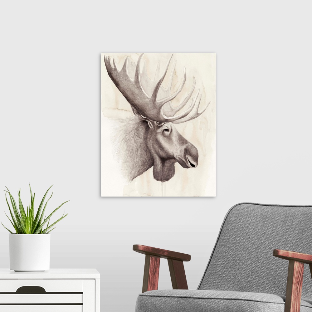 A modern room featuring Contemporary illustration of a moose head against a tan background.