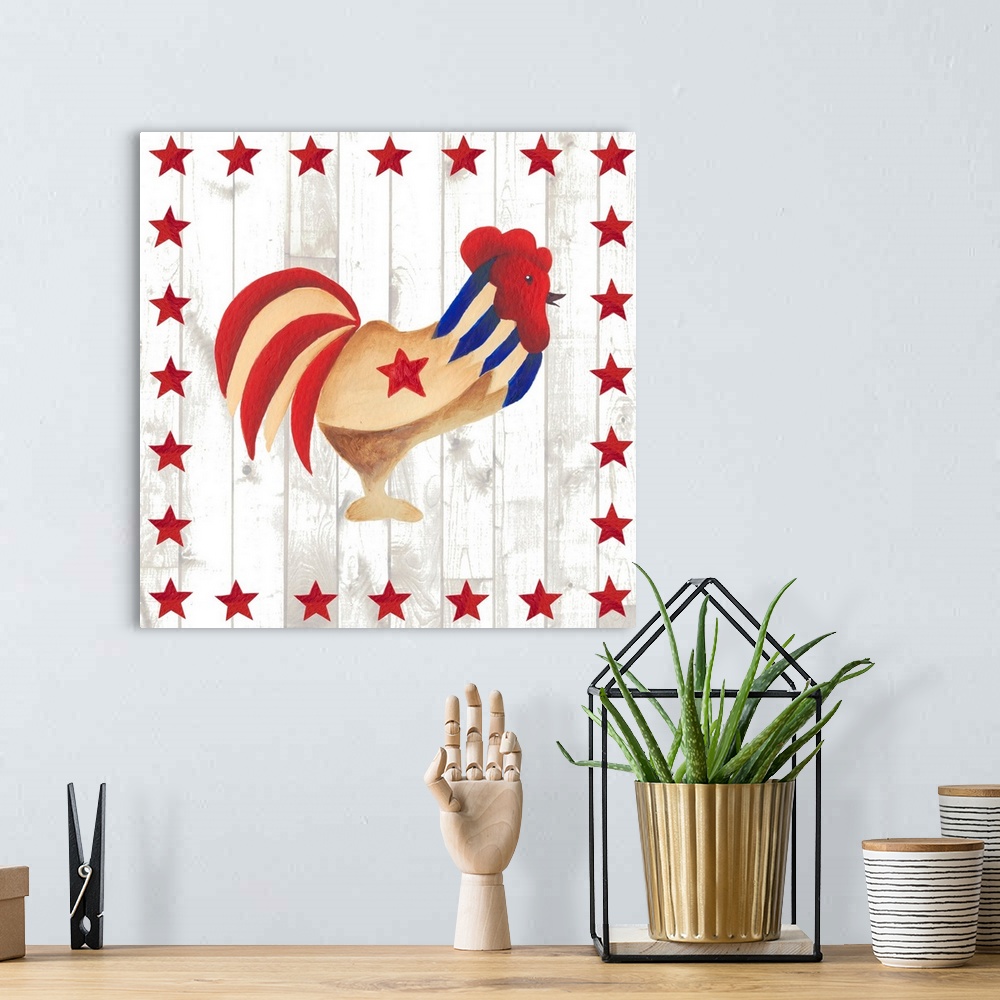 A bohemian room featuring This folk artwork features the side view of a painted chicken over a white vertical shiplap that ...