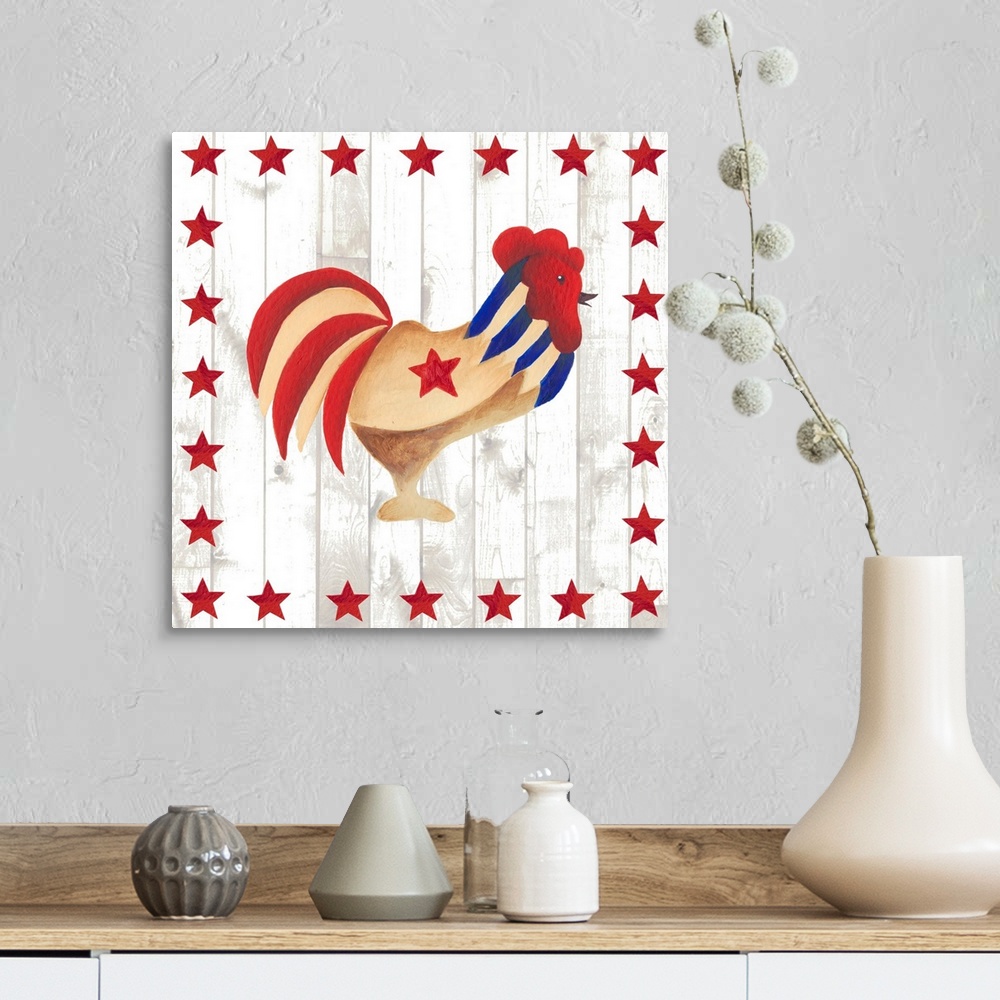A farmhouse room featuring This folk artwork features the side view of a painted chicken over a white vertical shiplap that ...