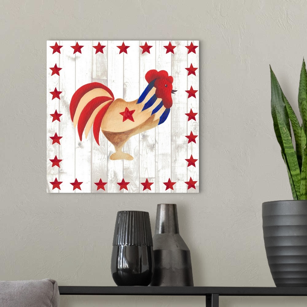 A modern room featuring This folk artwork features the side view of a painted chicken over a white vertical shiplap that ...