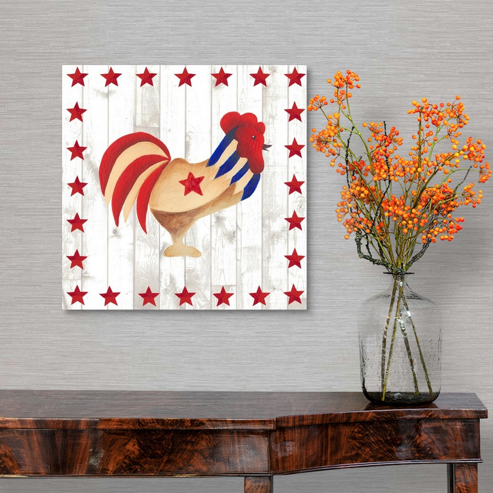 A traditional room featuring This folk artwork features the side view of a painted chicken over a white vertical shiplap that ...