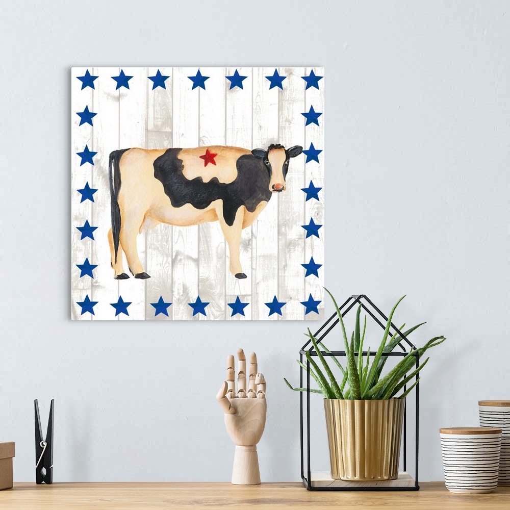 A bohemian room featuring This folk artwork features the side view of a painted cow over a white vertical shiplap that is b...