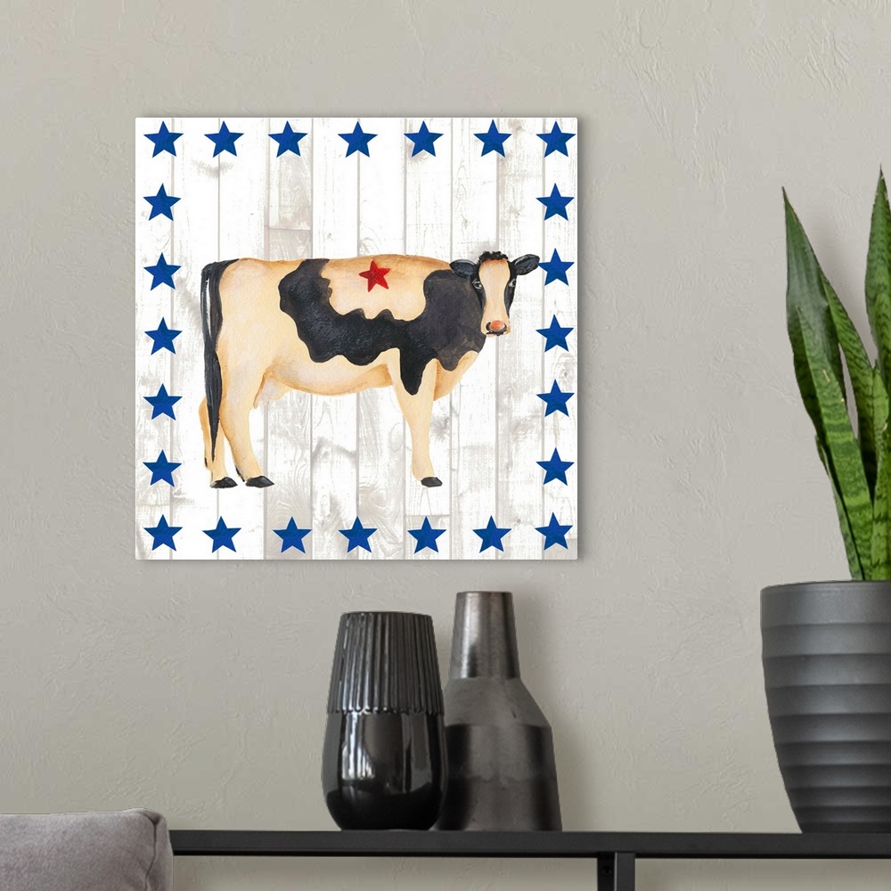 A modern room featuring This folk artwork features the side view of a painted cow over a white vertical shiplap that is b...