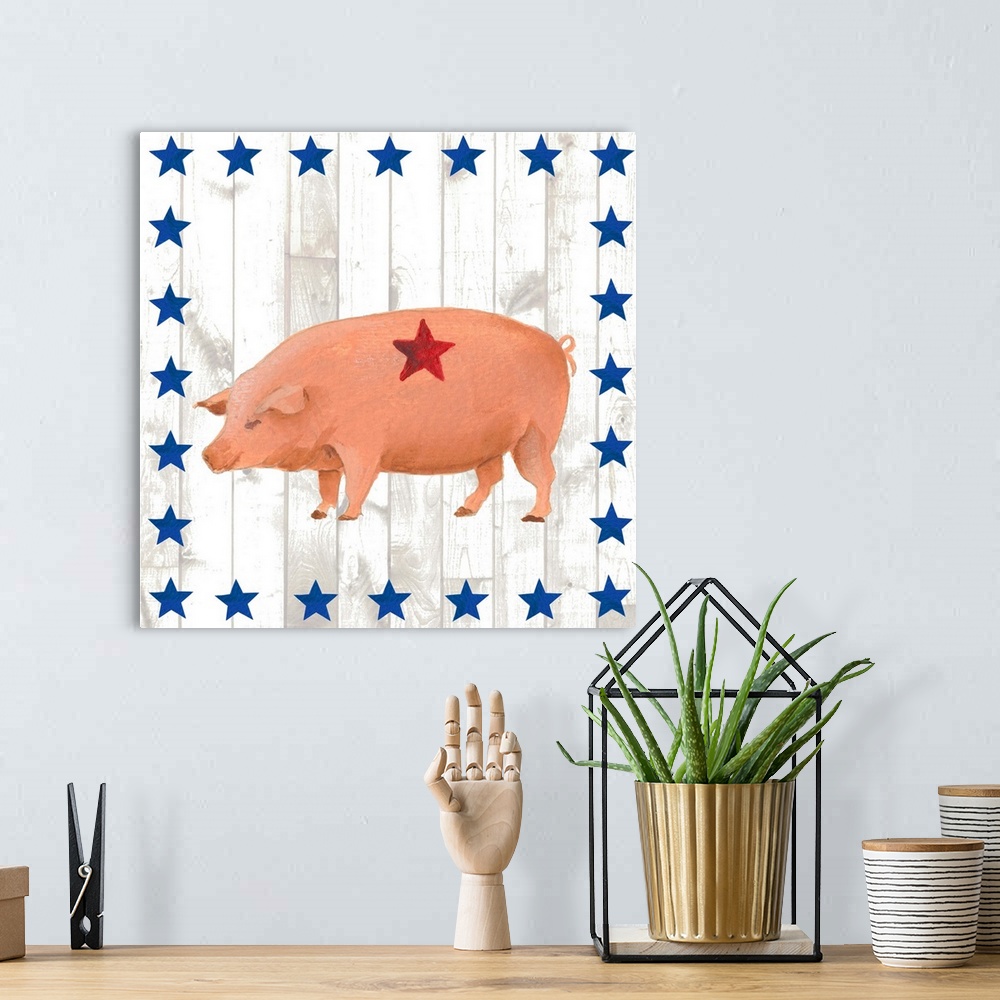 A bohemian room featuring This folk artwork features the side view of a painted pig over a white vertical shiplap that is b...