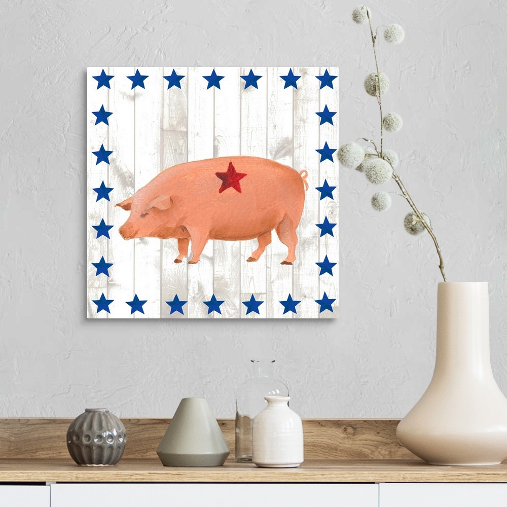 A farmhouse room featuring This folk artwork features the side view of a painted pig over a white vertical shiplap that is b...
