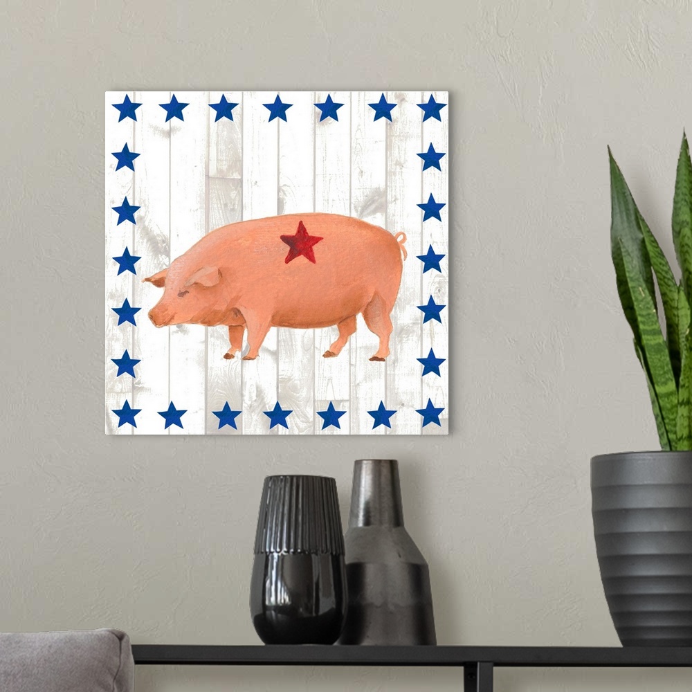 A modern room featuring This folk artwork features the side view of a painted pig over a white vertical shiplap that is b...