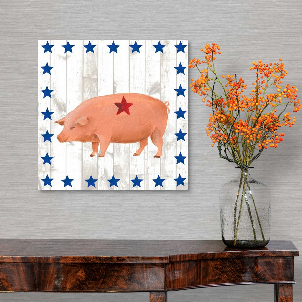A traditional room featuring This folk artwork features the side view of a painted pig over a white vertical shiplap that is b...