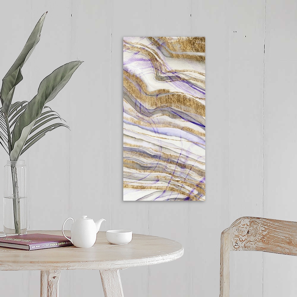 A farmhouse room featuring Contemporary abstract artwork of layers of purple and gold, resembling sediments in stone.