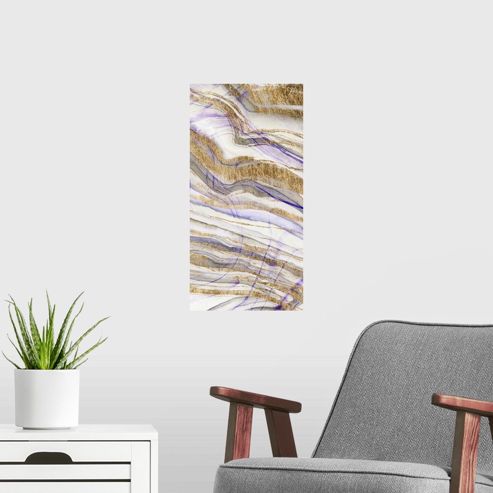 A modern room featuring Contemporary abstract artwork of layers of purple and gold, resembling sediments in stone.