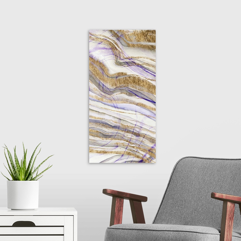 A modern room featuring Contemporary abstract artwork of layers of purple and gold, resembling sediments in stone.