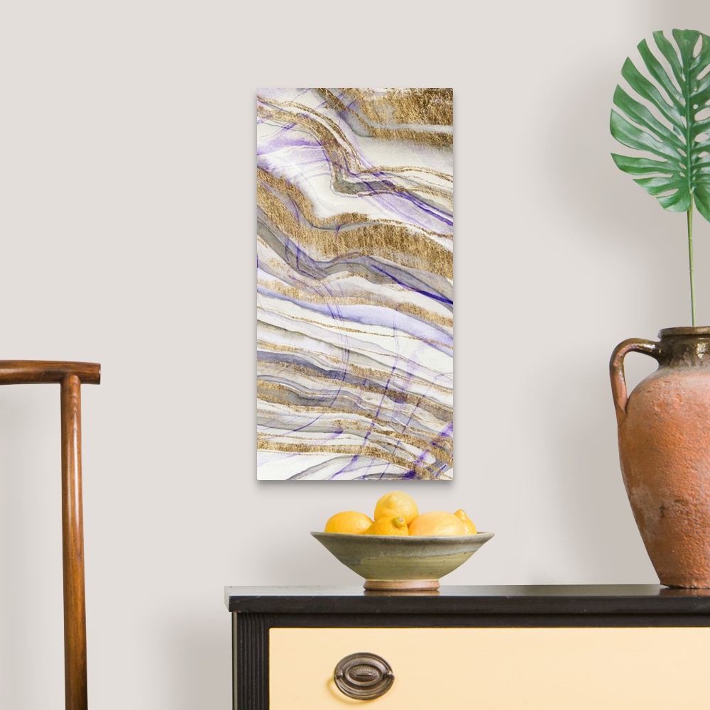 A traditional room featuring Contemporary abstract artwork of layers of purple and gold, resembling sediments in stone.