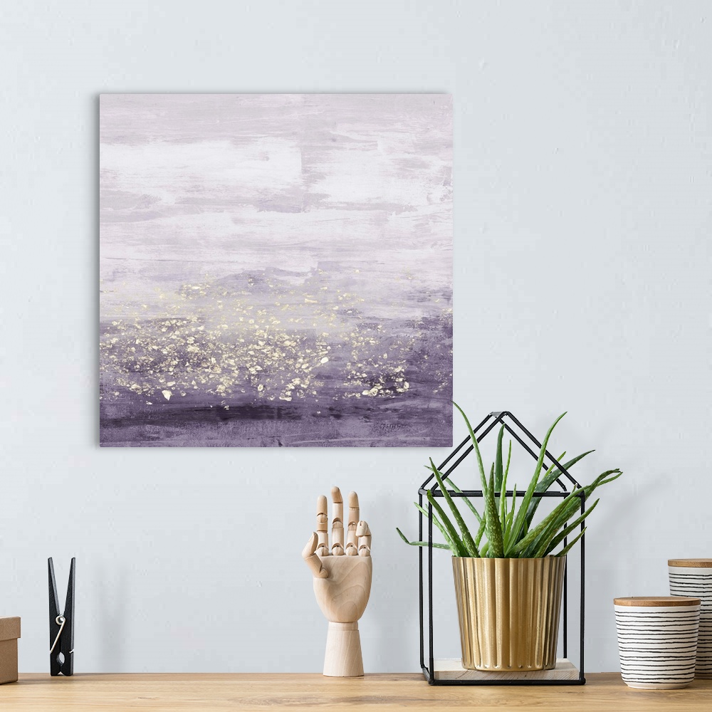 A bohemian room featuring Abstract painting of horizontal brush strokes of purple,with dark shades on the bottom, and overl...
