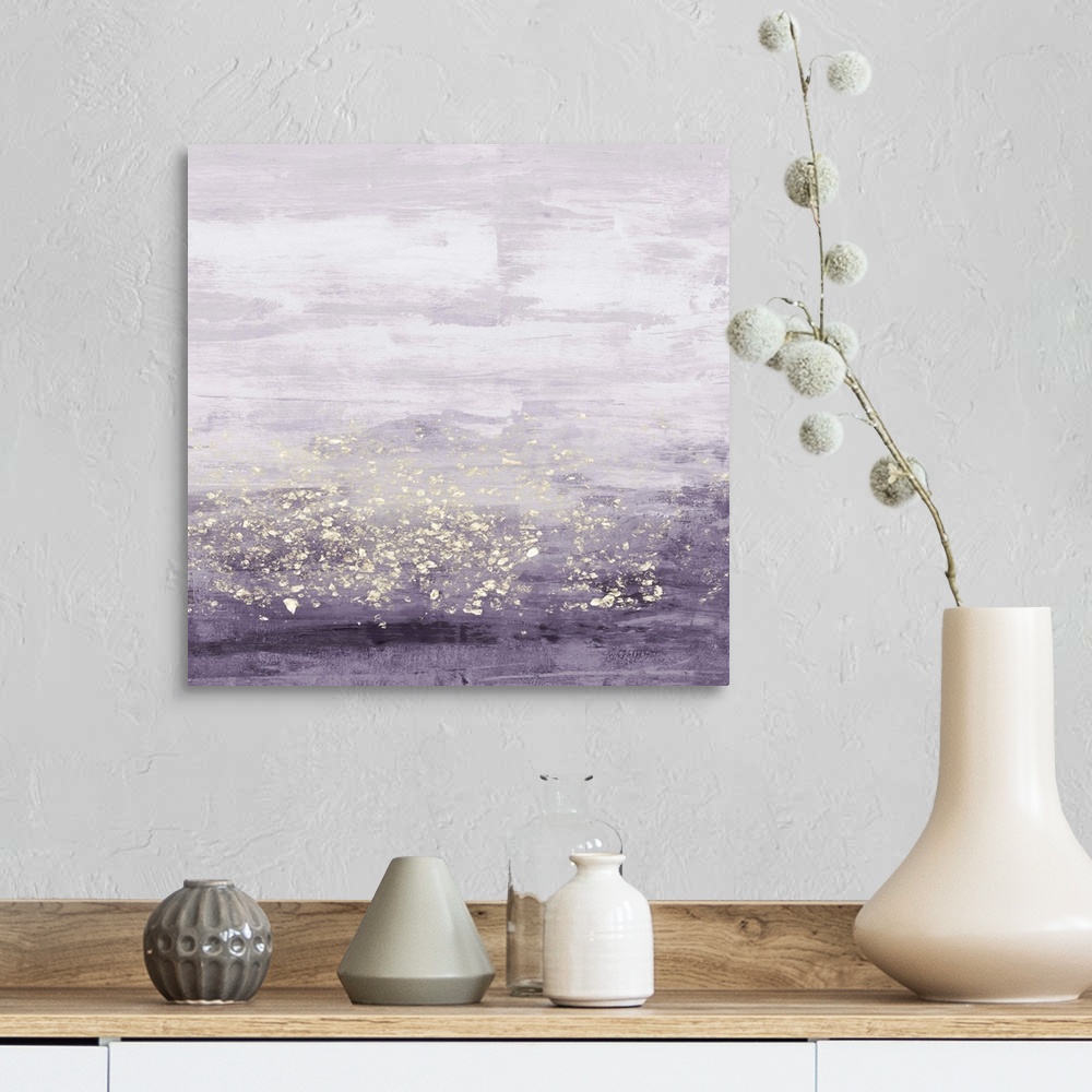 A farmhouse room featuring Abstract painting of horizontal brush strokes of purple,with dark shades on the bottom, and overl...