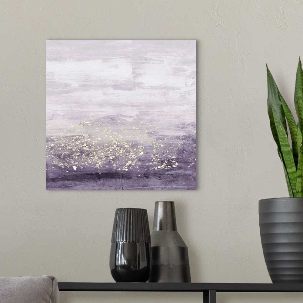 A modern room featuring Abstract painting of horizontal brush strokes of purple,with dark shades on the bottom, and overl...